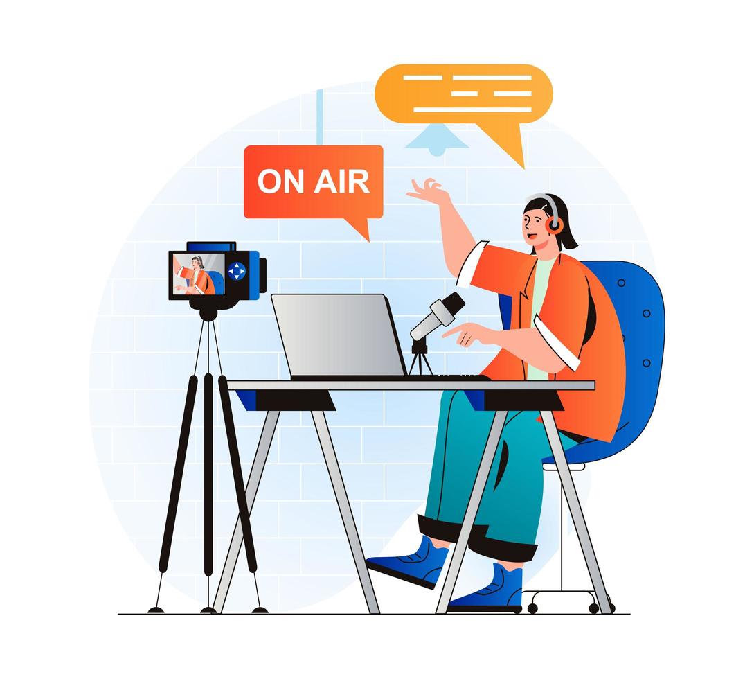 Podcast streaming concept in modern flat design. Woman with headphones talking in microphone at live radio show and recording on video camera at studio. Blogger live broadcasting. Vector illustration