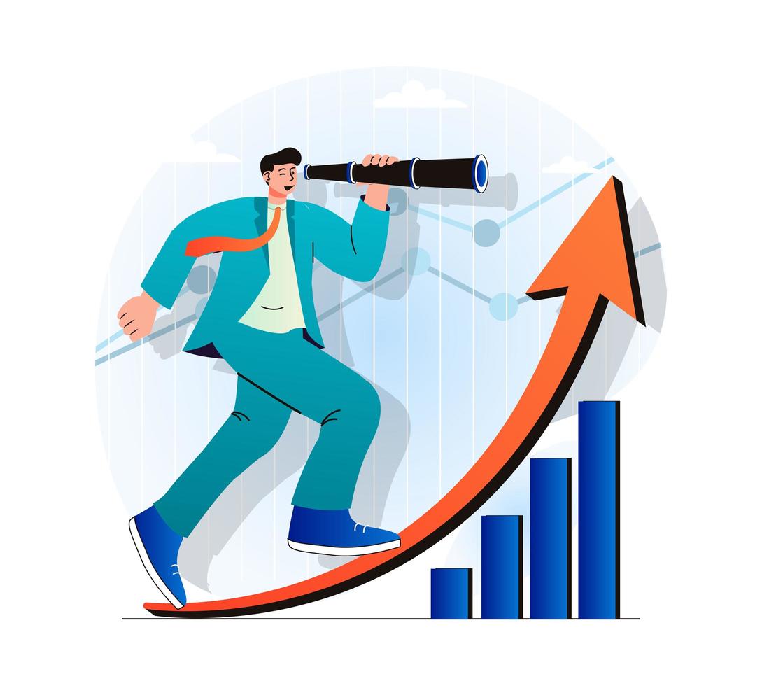 Searching opportunity concept in modern flat design. Businessman looks through spyglass and looks for new vacancies. Success man achieves career goals and professional growth. Vector illustration