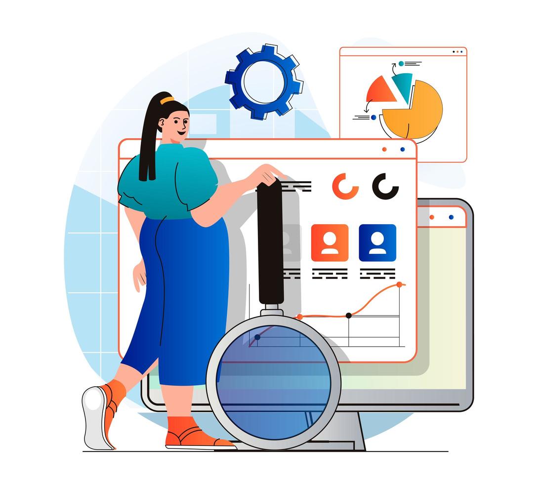 Seo analysis concept in modern flat design. Woman analyzes data and search results, settings search machine and increases site rankings. Development promotion strategy of website. Vector illustration