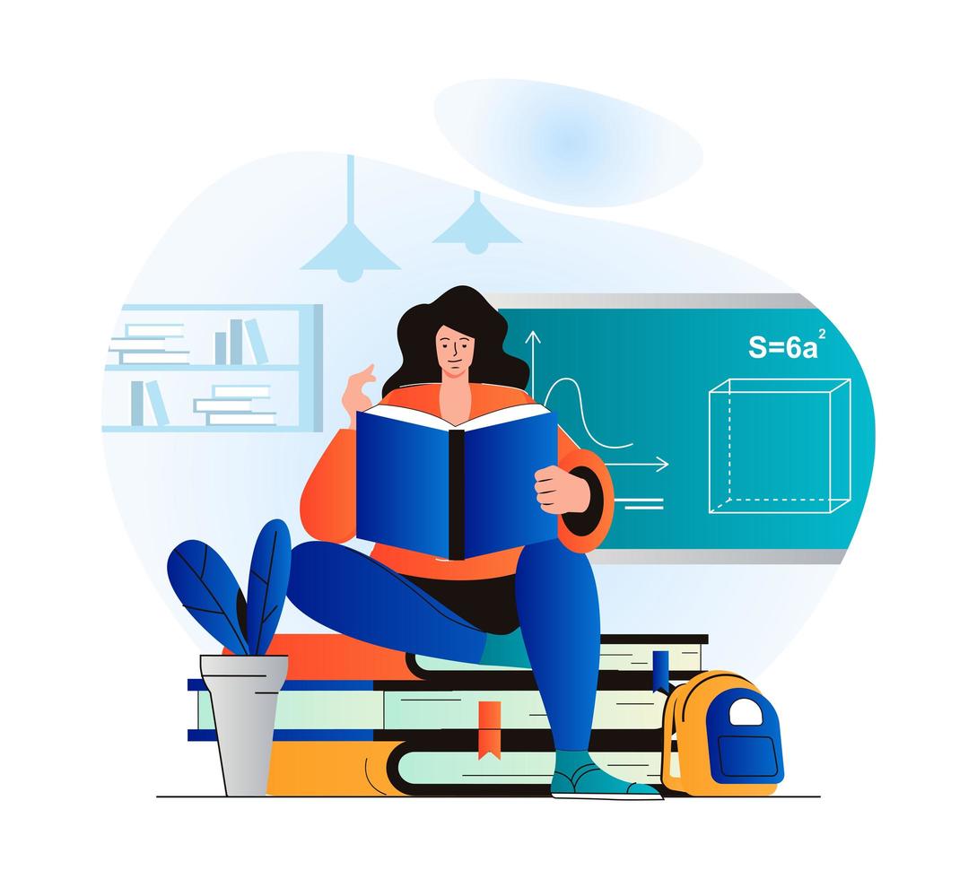 Education concept in modern flat design. Woman is reading book. Pupil studies from textbook, does her homework in library. Student learning at school, college or university. Vector illustration