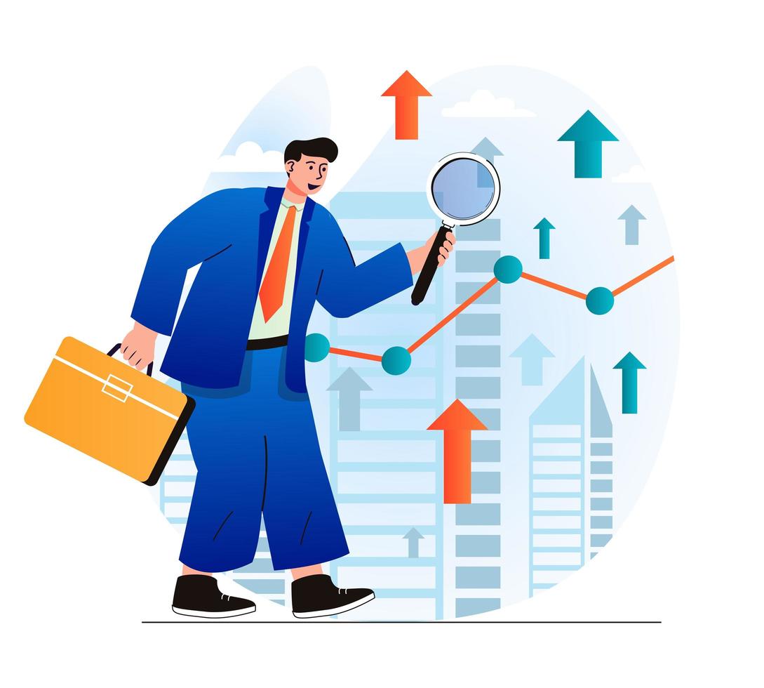 Searching opportunity concept in modern flat design. Businessman with briefcase is looking for new profitable business projects. Successful strategy, leadership and investment. Vector illustration