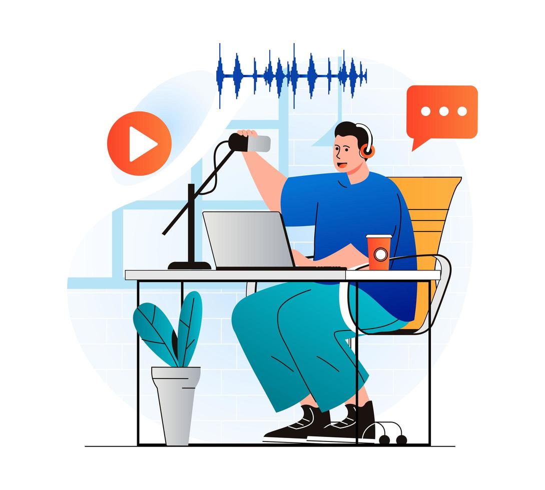 Podcast streaming concept in modern flat design. Man talking in microphone at live radio show at studio. Blogger in live broadcasting and communicates with listeners using laptop. Vector illustration