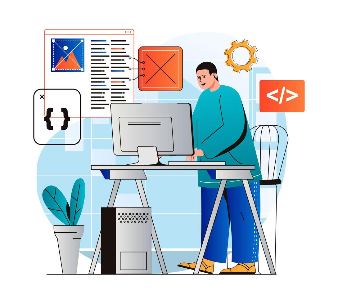 Programming working concept in modern flat design. Developer programs in different languages, creates software, working at computer in office. Development optimization and testing. Vector illustration