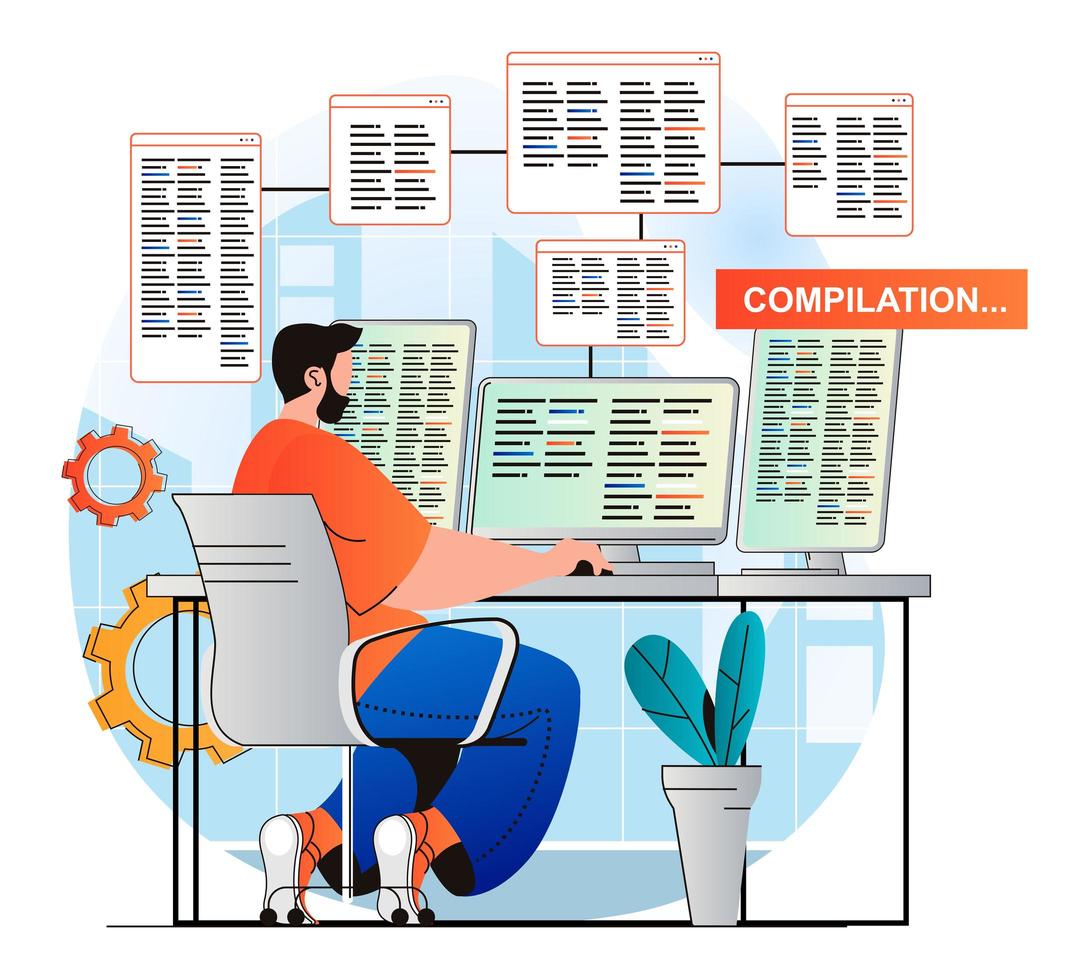 concepto de trabajo de programación en diseño plano moderno. el desarrollador hace la compilación del programa. el hombre crea software, trabaja en la computadora. aplicaciones de desarrollo, optimización y prueba. ilustración vectorial vector