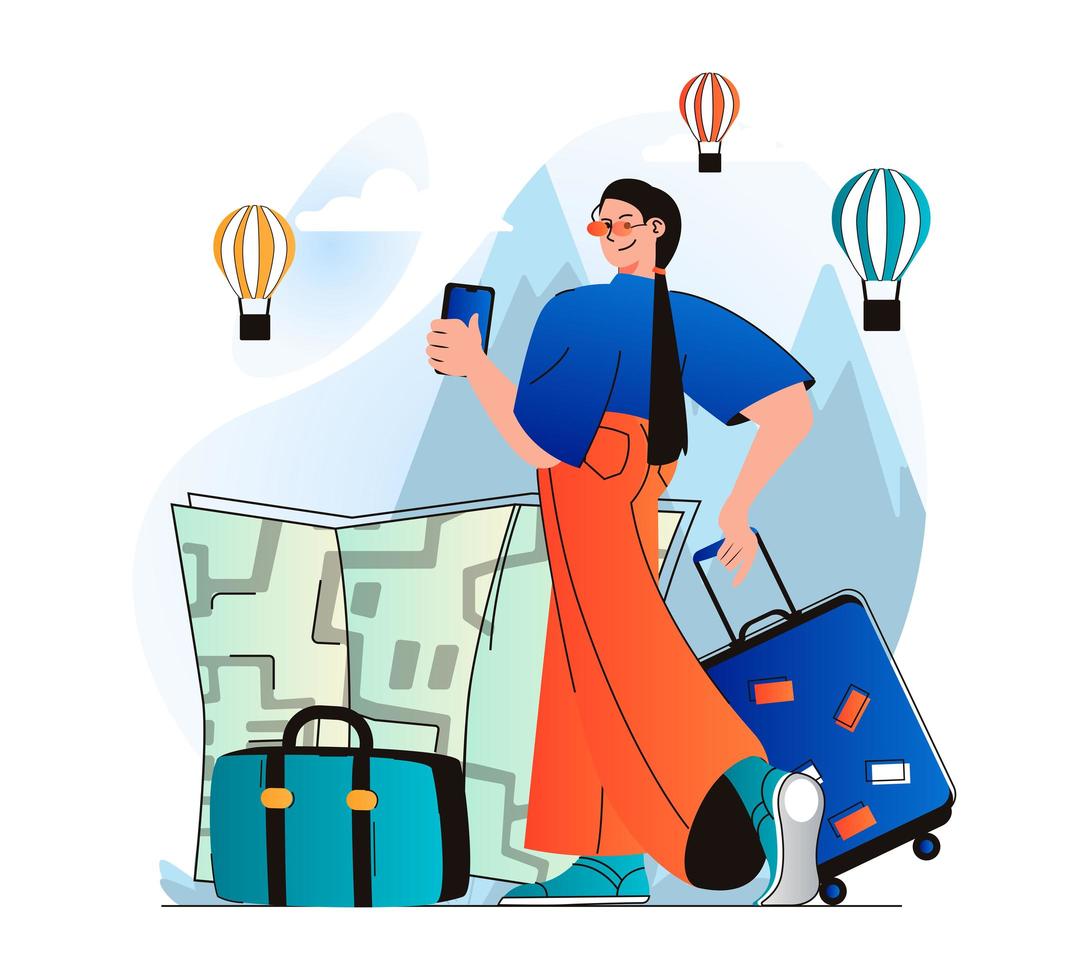 concepto de personas que viajan en moderno diseño plano. mujer viajera con equipaje se fue de vacaciones y elige ruta con mapa. turismo mundial, turismo en puntos turísticos y recreación. ilustración vectorial vector