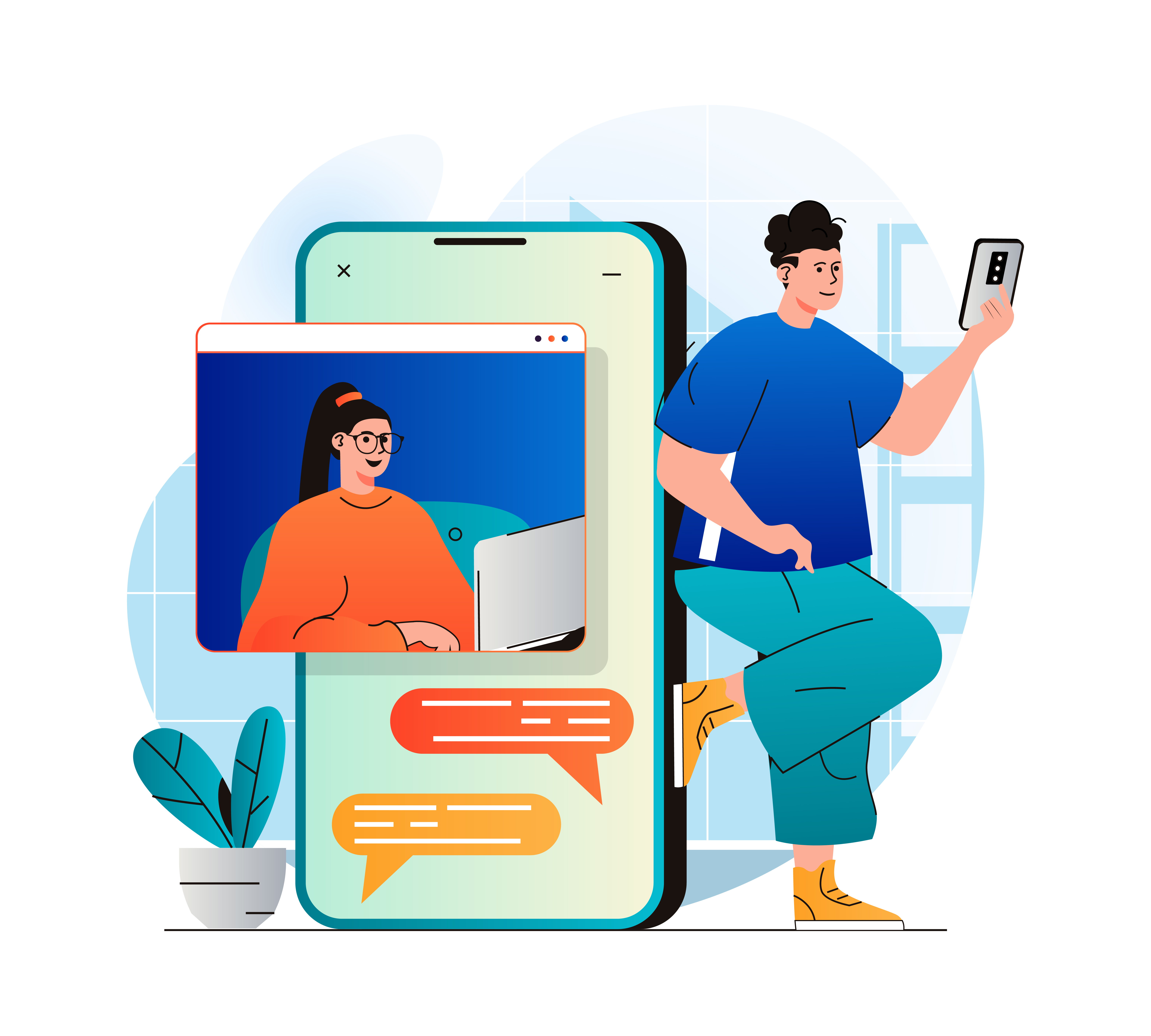 Video call between friends, chatting online by mobile app. Stay at home,  work, communication remotely. Hand holding smartphone. Group of people on  device screen. Internet messenger vector illustration Stock Vector