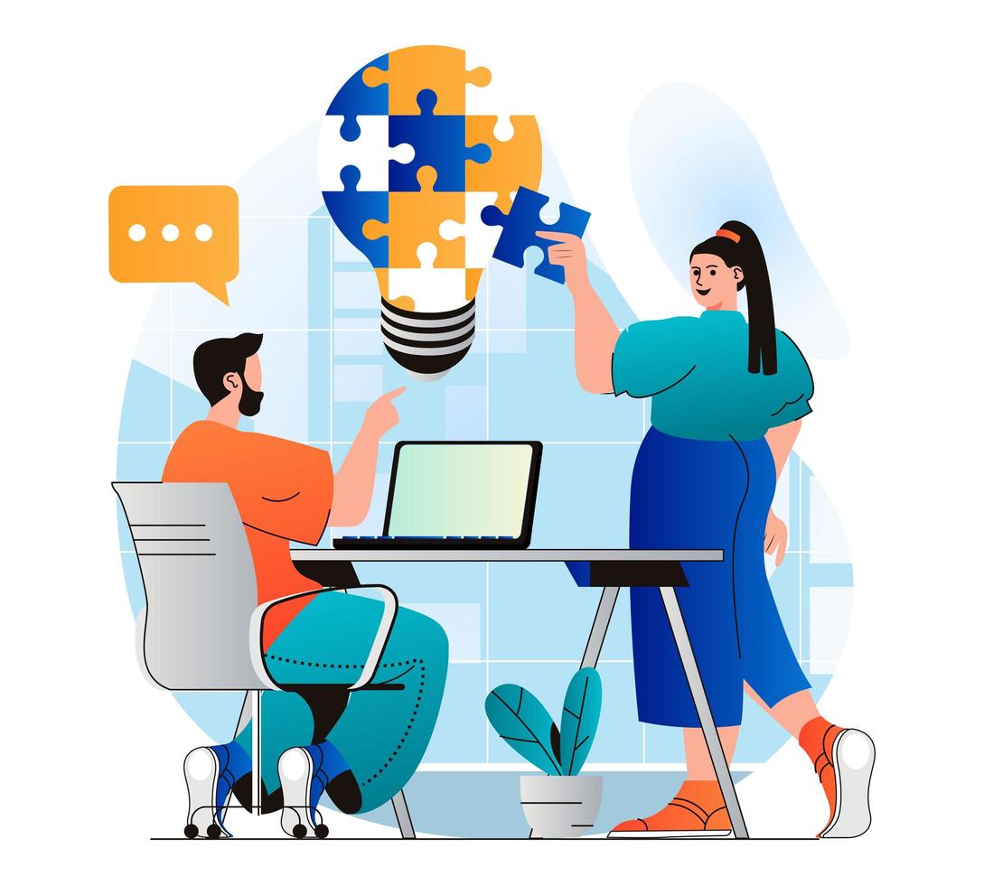 Teamwork concept in modern flat design. Team works in office, generates ideas, brainstorms, discusses tasks and cooperates at business meeting. Colleagues putting puzzle together. Vector illustration