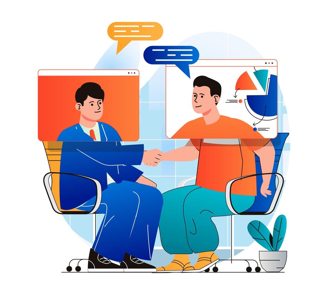 Video conference concept in modern flat design. Men communicate remotely using video call at screens. Employees discussing tasks and virtually shaking hands at online meeting. Vector illustration