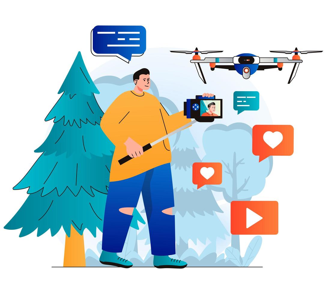 Video blogging concept in modern flat design. Blogger records video clip on professional camera and conducts aerial filming using drone. Digital content creation, online promotion. Vector illustration