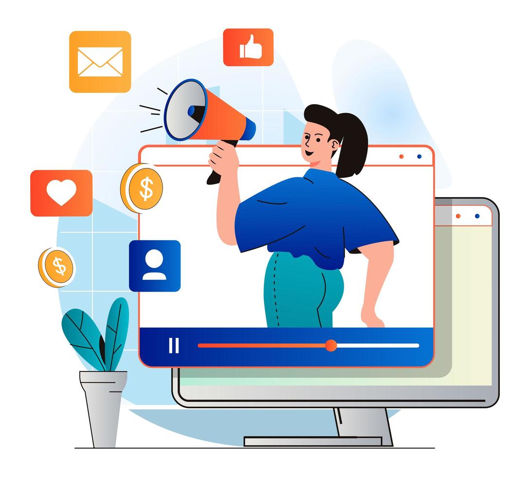 Video marketing concept in modern flat design. Blogger with megaphone attracts audience in video content, gets likes and comments, followers. Success online promotion strategy. Vector illustration