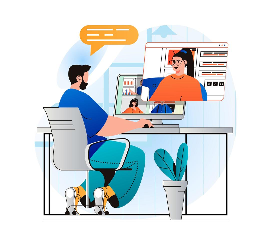 Video conference concept in modern flat design. Man communicates remotely with woman using video call at computer screens. Employees discussing tasks at online business meeting. Vector illustration