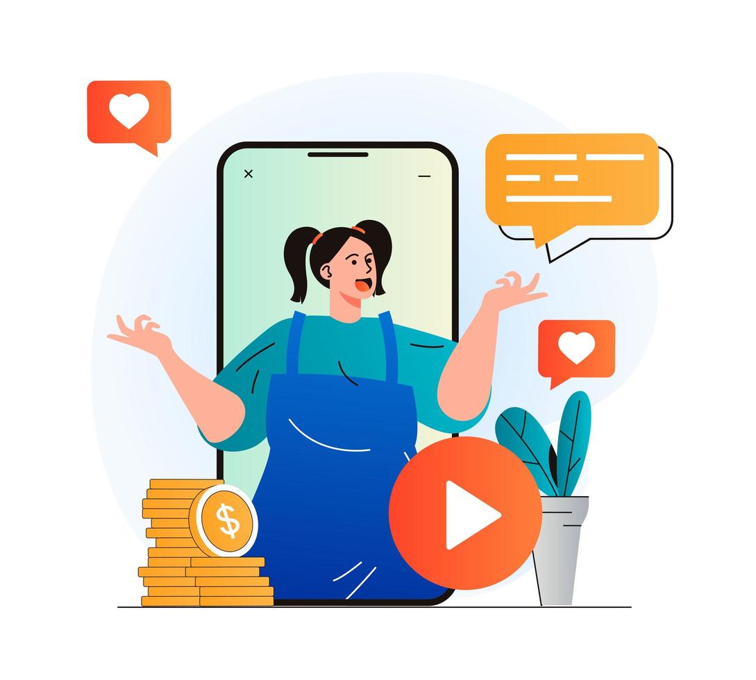 Video blogging concept in modern flat design. Woman blogger in video clip in mobile application. Digital content creation, channel development, followers and online promotion. Vector illustration