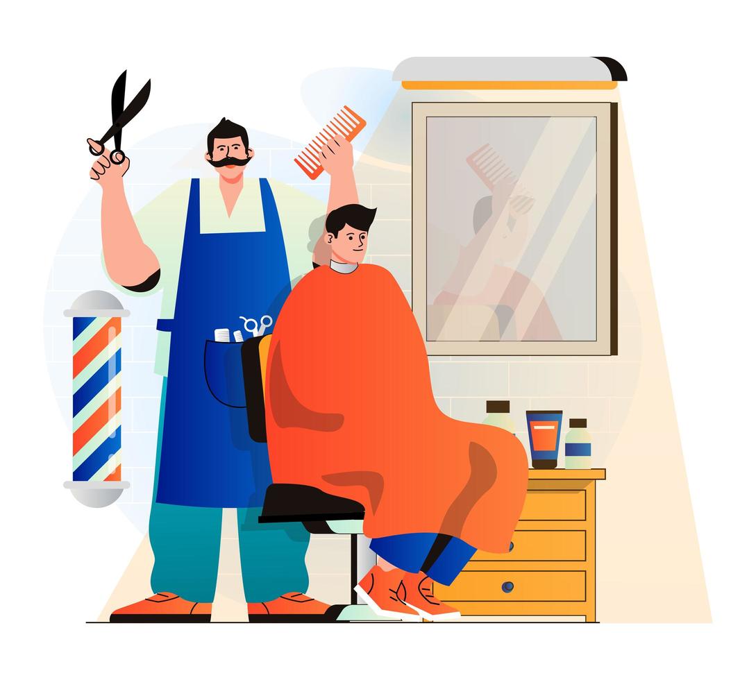 concepto de peluquería en moderno diseño plano. peluquero o estilista profesional hace cortes de pelo y peinados de moda para el cliente. hombre recibiendo cuidado del cabello en el salón masculino. ilustración vectorial vector