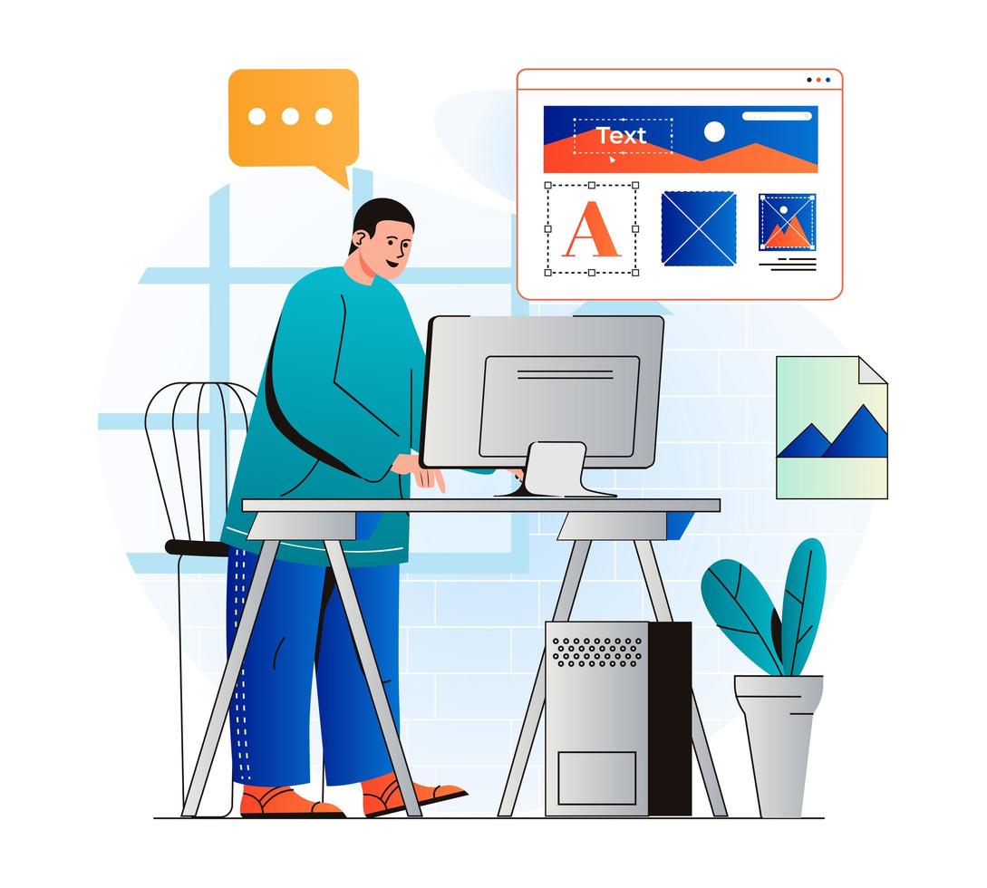 Web design concept in modern flat design. Man designer draws graphic elements and creates interface layout of mobile application, optimized webpage for screens, works on computer. Vector illustration