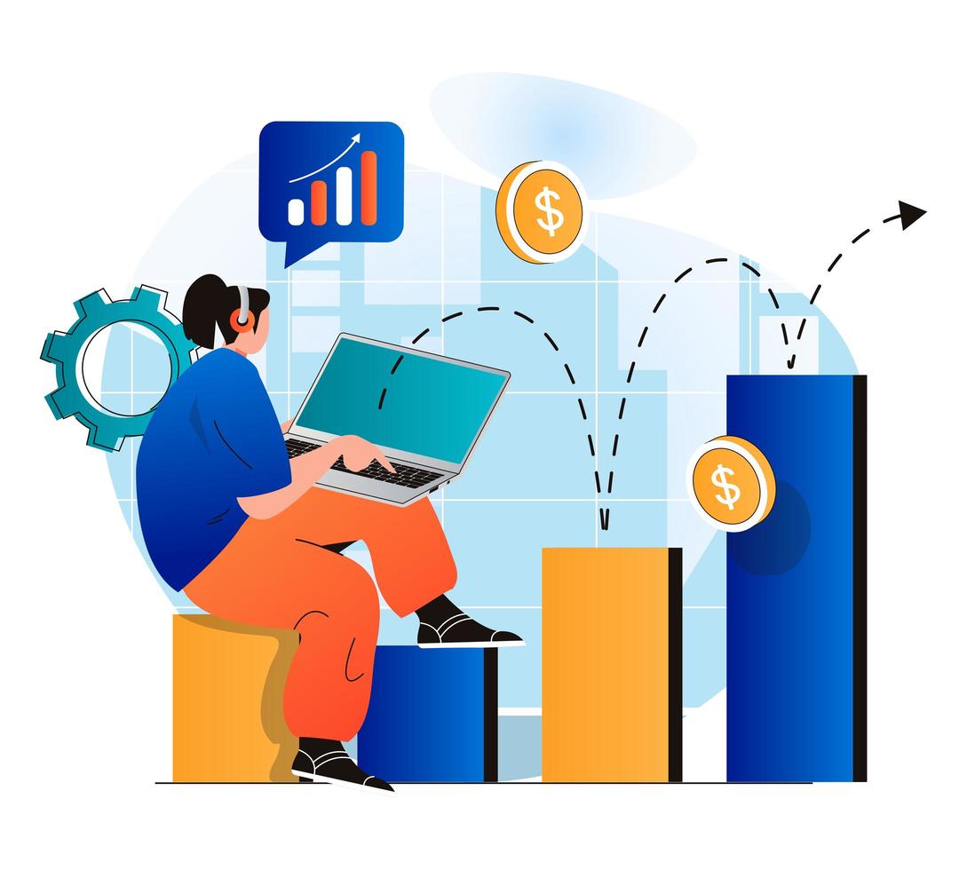 Business growth concept in modern flat design. Businesswoman working at laptop, analysis data and statistics. Financial success, profit growth, achievement of career goals. Vector illustration