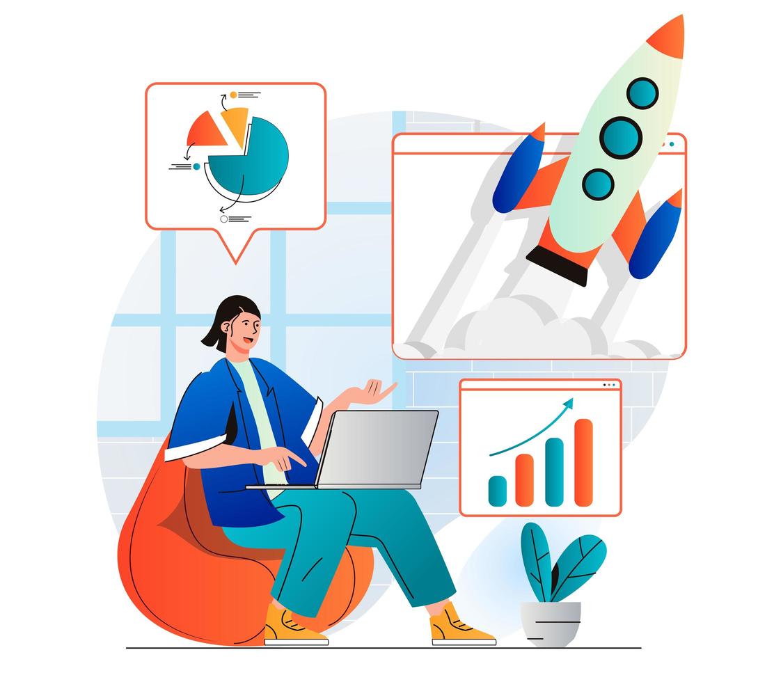 Business growth concept in modern flat design. Businesswoman working at laptop, launch startup, develops new company, analysis data and income profit. Innovation and investment. Vector illustration