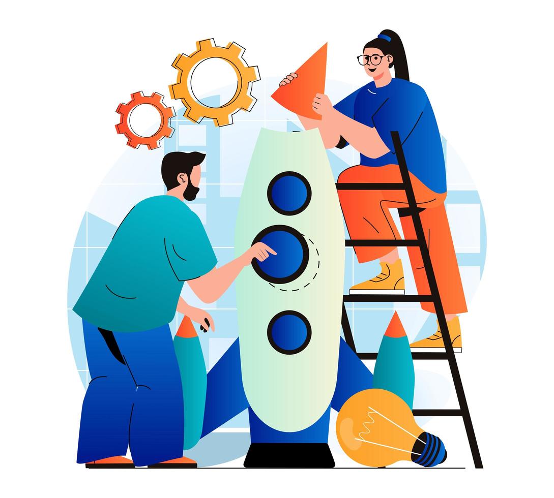 Business startup concept in modern flat design. Success team launches new project. Man and woman creates new company together. Collaboration, career development and investment. Vector illustration