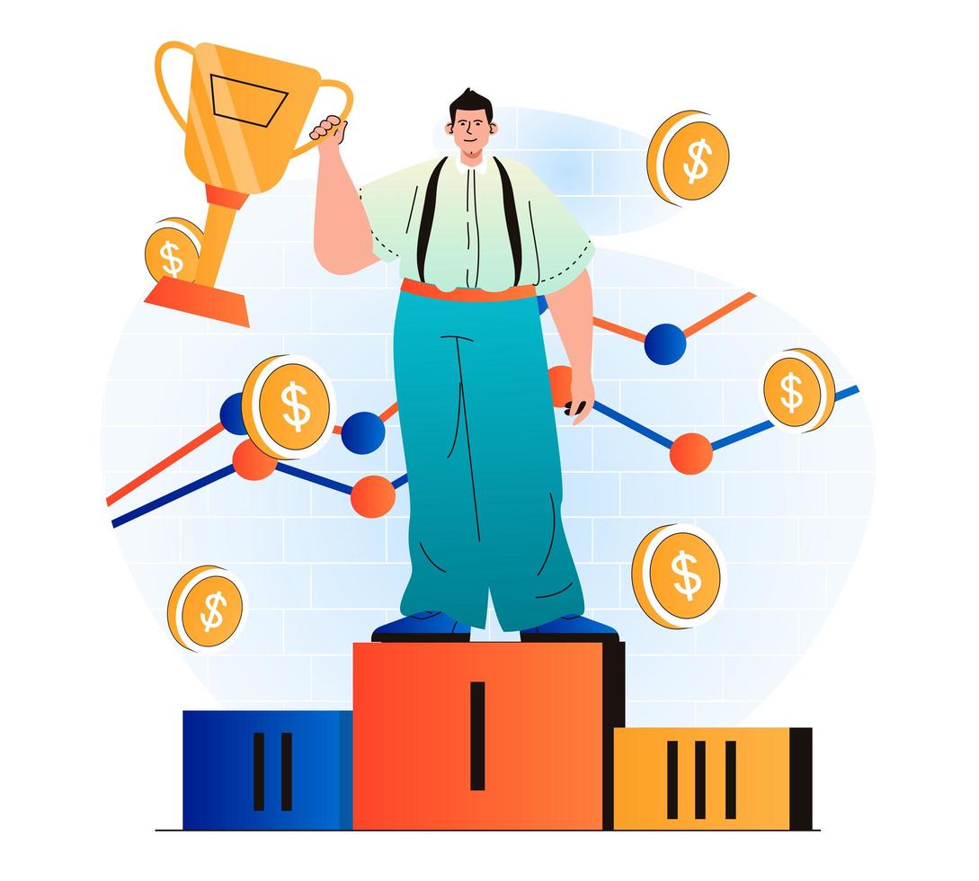 Business award concept in modern flat design. Businessman holds gold cup, won first place in competition. Triumph celebrate, profit growth, achievement of goals, leadership. Vector illustration