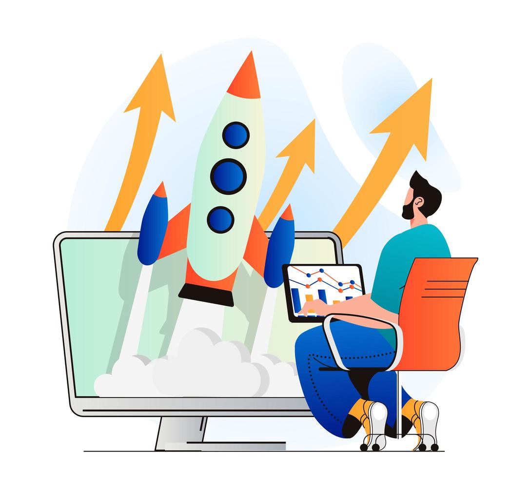 Business startup concept in modern flat design. Man launches new project on market, analyzes data, strategy and profit growth. Businessman working on development of his company. Vector illustration