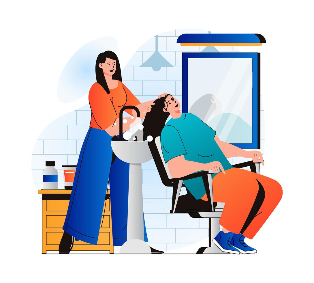 Beauty salon concept in modern flat design. Hairdresser washes client hair before cutting. Woman sitting at chair and receiving hair care at female salon. Haircut and hairstyle. Vector illustration