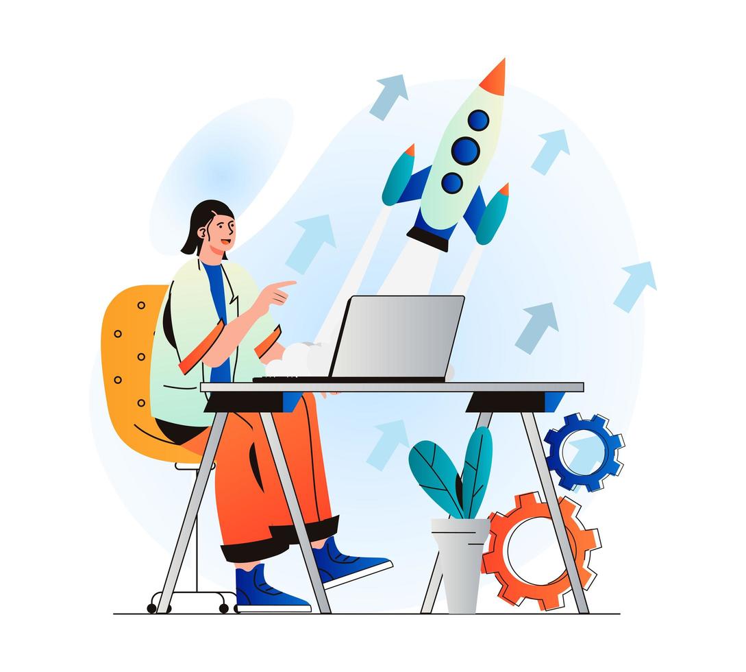 Business startup concept in modern flat design. Woman launches new project, working at laptop and analyzes data, success strategy. Businesswoman develops company, invests money. Vector illustration