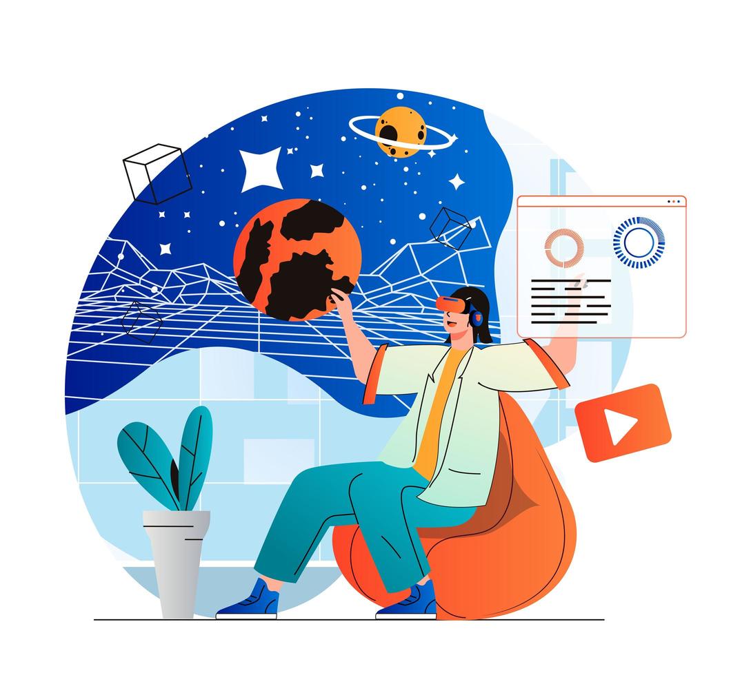 Cyberspace concept in modern flat design. Woman explores galaxy and planets in galaxy simulation using VR headset, innovation interactive education. Virtual augmented reality. Vector illustration