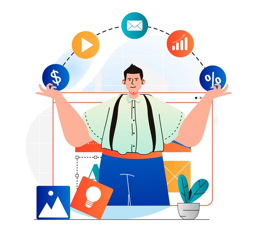 Digital marketing concept in modern flat design. Man uses marketing tools, email newsletters, discounts and attracts new customers. Online promotion and advertising campaign. Vector illustration