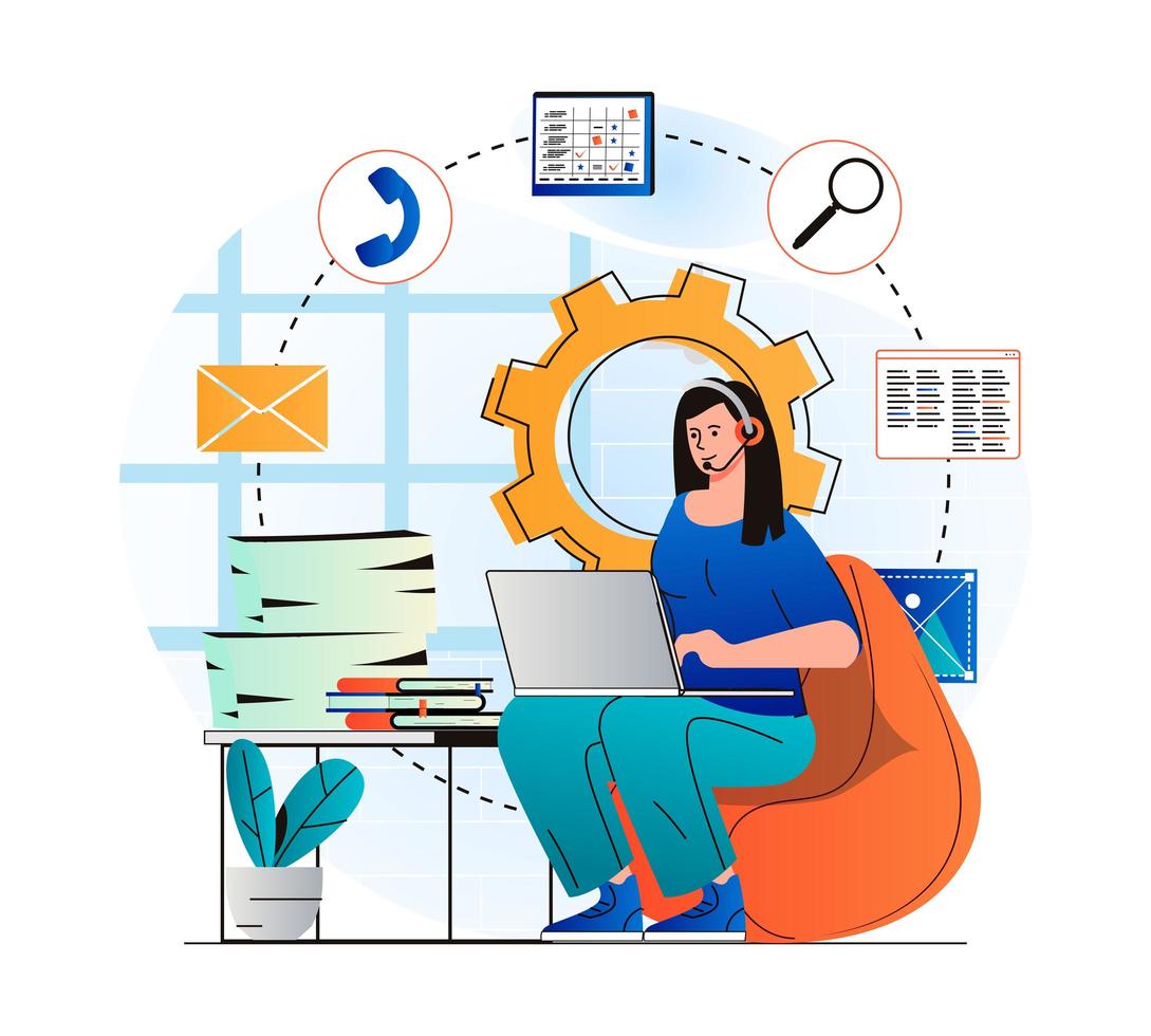 Customer support concept in modern flat design. Woman in headset works at laptop, advises clients. Consultant works in call center or technical support. Online communication. Vector illustration