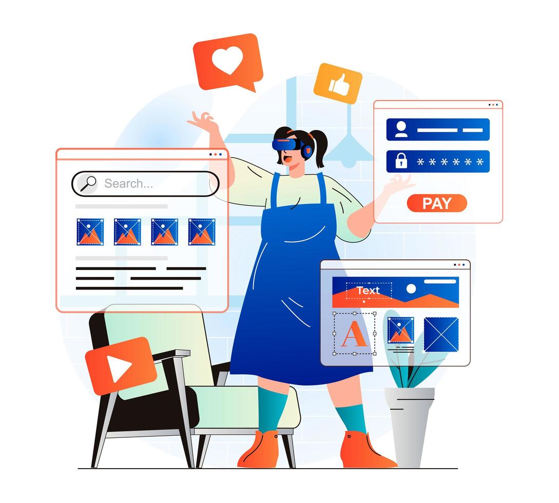 Cyberspace concept in modern flat design. Woman working at internet using VR headset and touches visual interface with banking or search services. Virtual augmented reality. Vector illustration