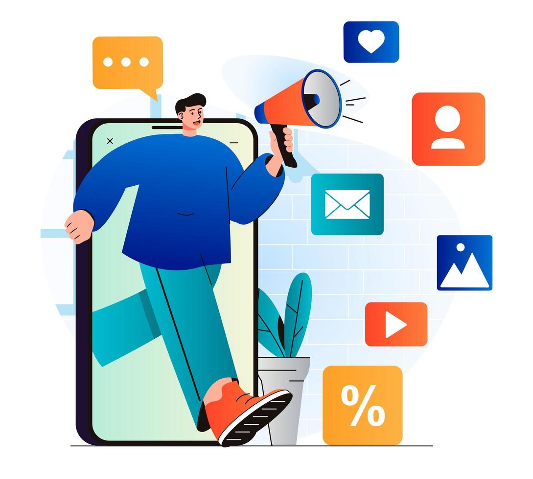 Digital marketing concept in modern flat design. Man with megaphone attracts new customers from social networks and mobile applications. Online promotion and advertising campaign. Vector illustration
