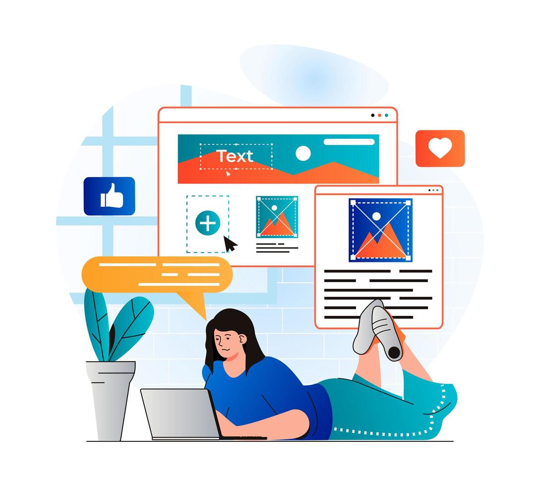 Content manager concept in modern flat design. Woman writes texts, fills site pictures, places elements. Designer creates graphics and generates ideas. Online business promotion. Vector illustration