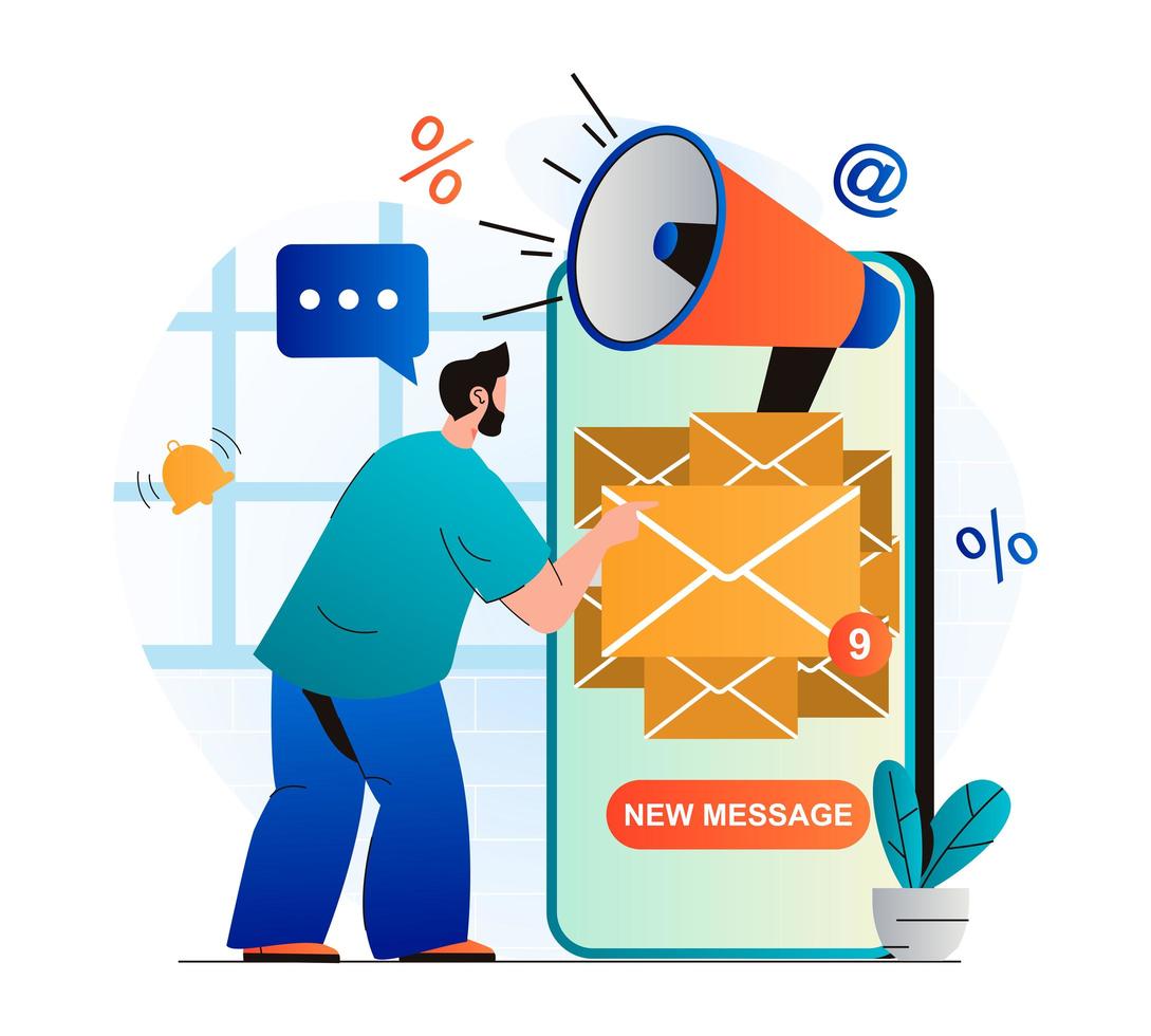 concepto de marketing por correo electrónico en moderno diseño plano. hombre recibiendo nuevos correos en la aplicación móvil. mailing publicitario para informar a nuevos clientes. Campaña de promoción y publicidad online. ilustración vectorial vector