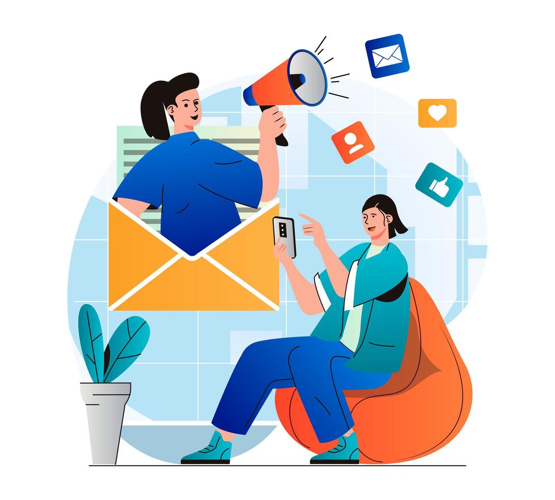 Email marketing concept in modern flat design. Woman receiving newsletter in mobile app. Marketer with megaphone attracts new customers. Online promotion and advertising campaign. Vector illustration