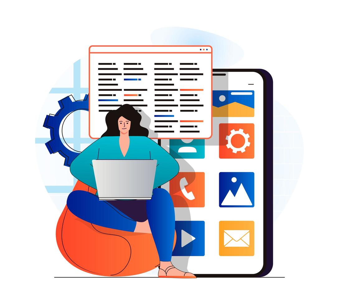 App development concept in modern flat design. Woman developer works on laptop, coding code, creates software for mobile phone, customizes and optimizes programs, ui layout design. Vector illustration