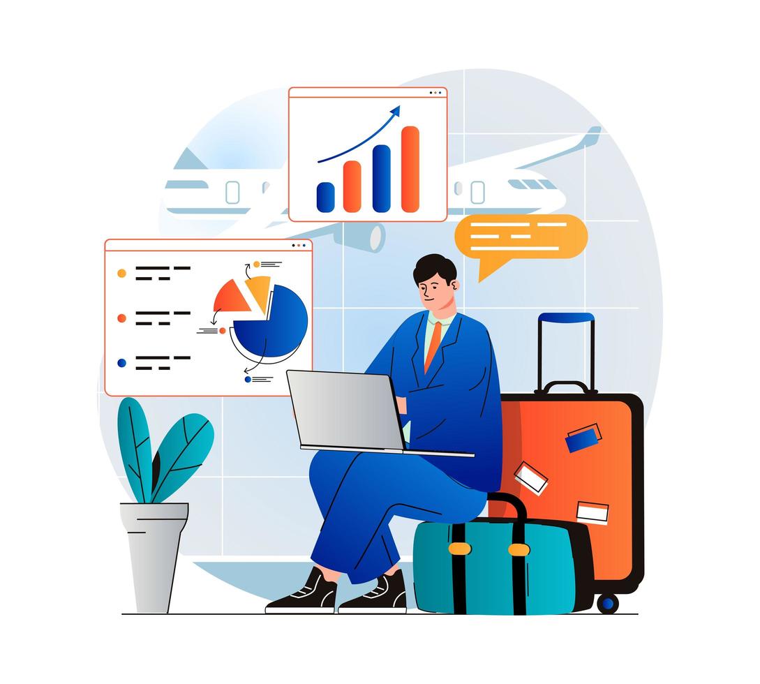 Freelance working concept in modern flat design. Businessman working on laptop while sitting in waiting room at airport. Remote worker performs tasks online on business trip. Vector illustration