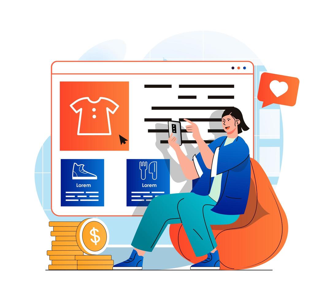 Mobile commerce concept in modern flat design. Woman chooses clothing on web site of store and pays for purchases in mobile app. Online shopping, bargain purchases, e-business. Vector illustration