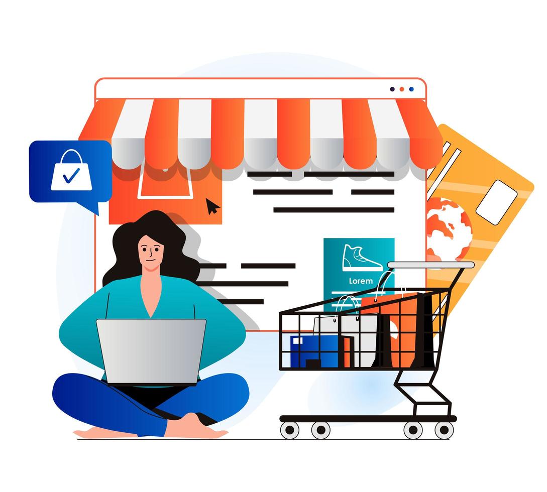 concepto de comercio móvil en moderno diseño plano. La mujer realiza compras rentables en el sitio web de la tienda, paga y ordena la entrega a domicilio. compras inteligentes en línea, comercio electrónico y comercio electrónico. ilustración vectorial vector