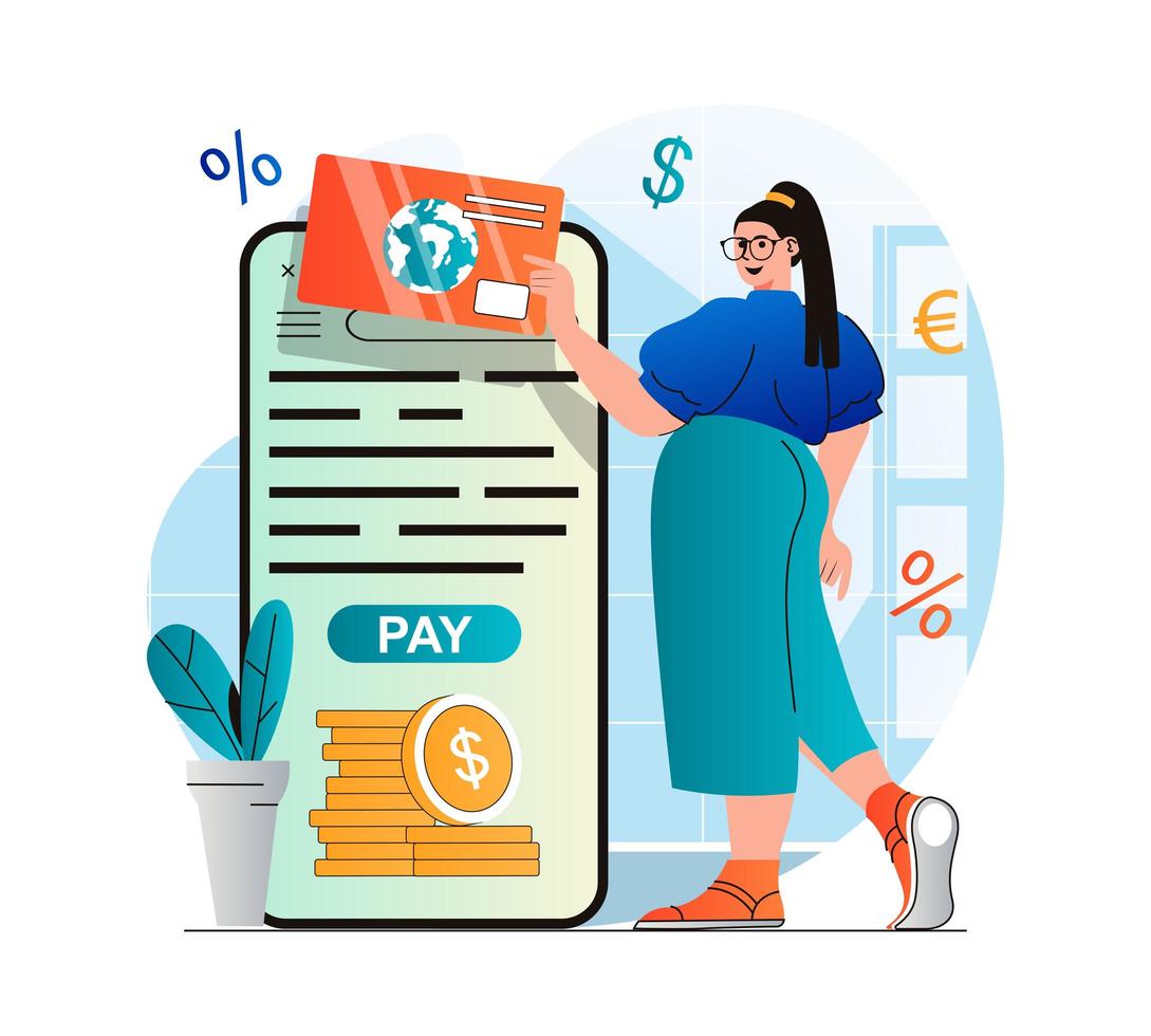 Online payment concept in modern flat design. Woman paying for purchases with credit card in mobile application. Customer conducts financial transaction in online banking app. Vector illustration