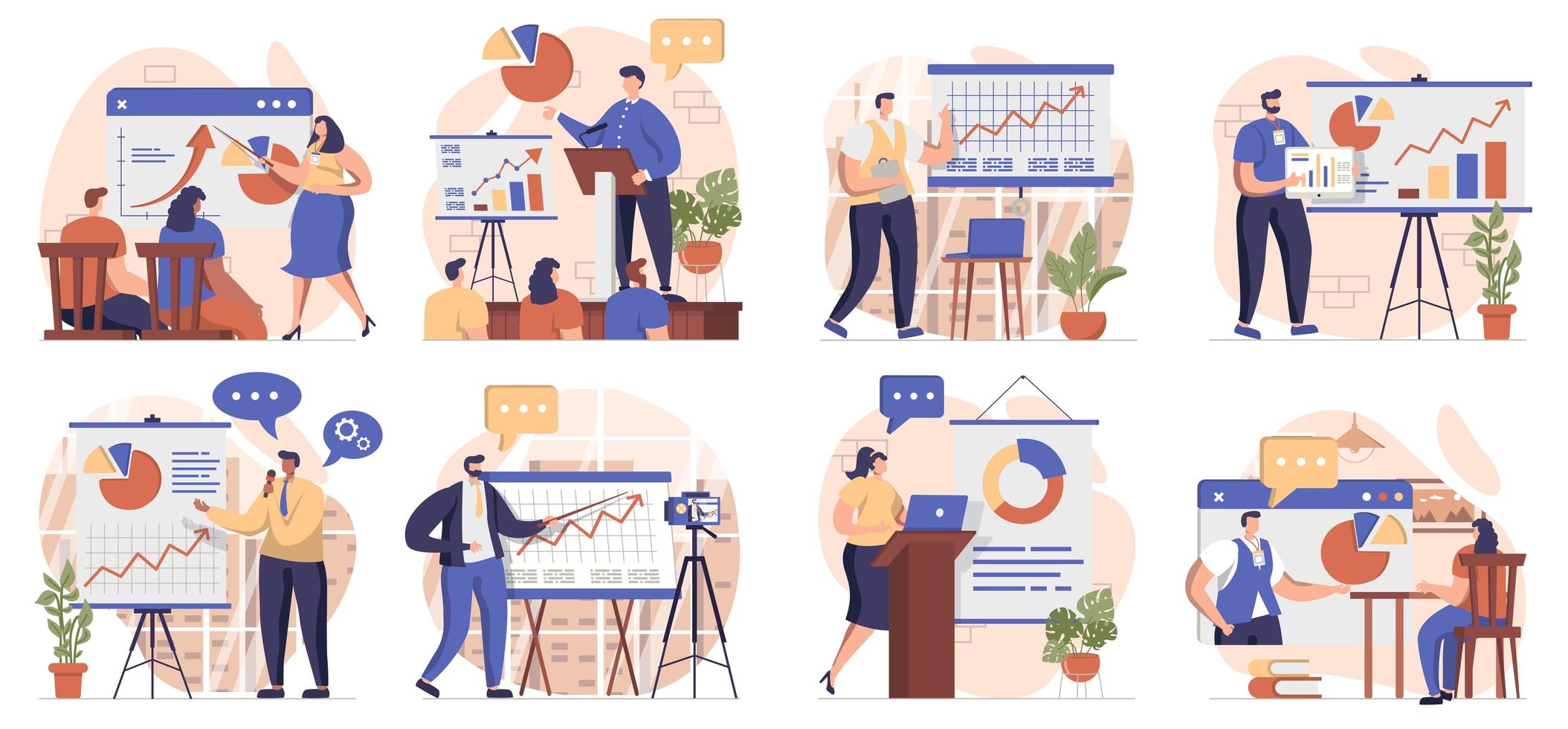 Coach speaking collection of scenes isolated. People learn at business training, career development, set in flat design. Vector illustration for blogging, website, mobile app, promotional materials.