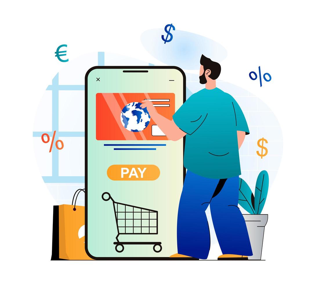 concepto de comercio móvil en moderno diseño plano. el hombre compra productos en la tienda online y paga las compras con tarjeta de crédito en la aplicación móvil. compras en línea y comercio electrónico. ilustración vectorial vector