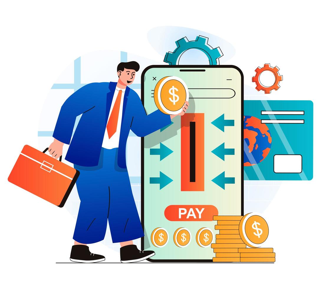 Online payment concept in modern flat design. Businessman pays taxes and invests with mobile application. Man conducts financial transaction with credit card in online banking. Vector illustration