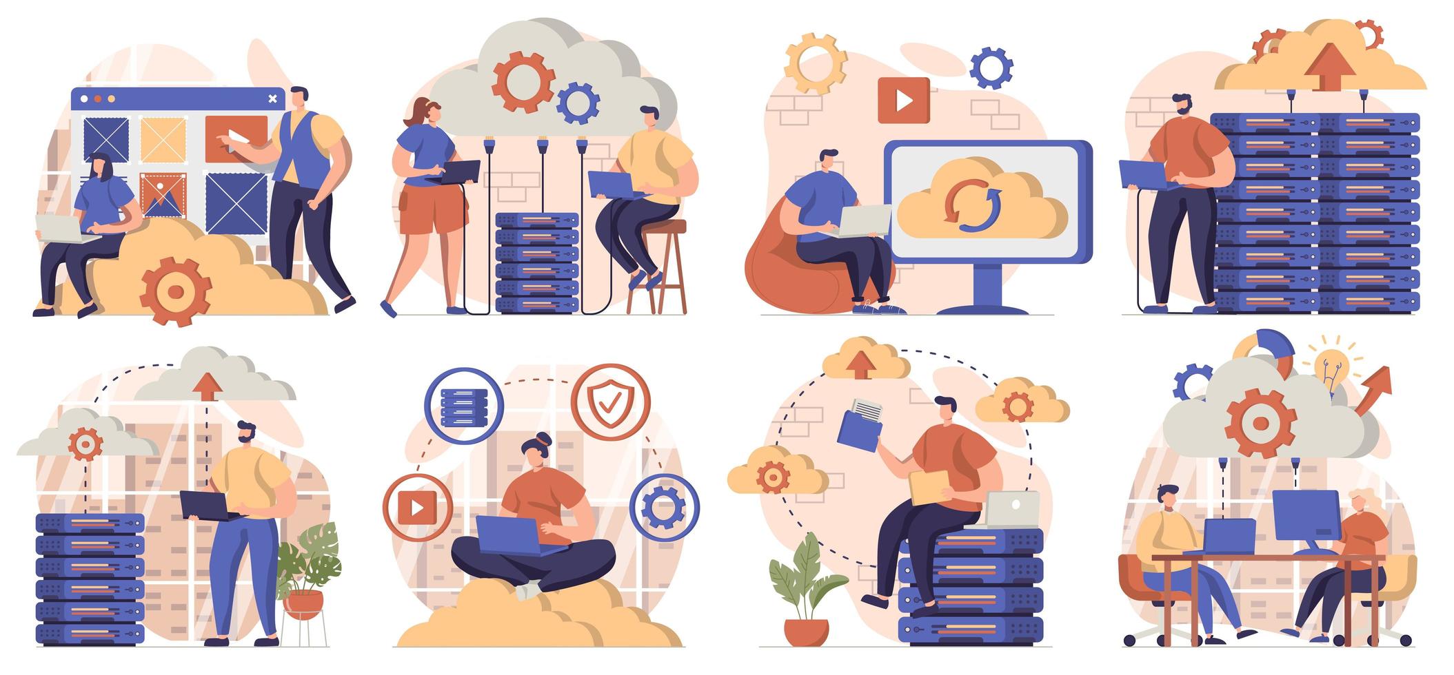 Cloud computing collection of scenes isolated. People upload files, storage at server and processing, set in flat design. Vector illustration for blogging, website, mobile app, promotional materials.