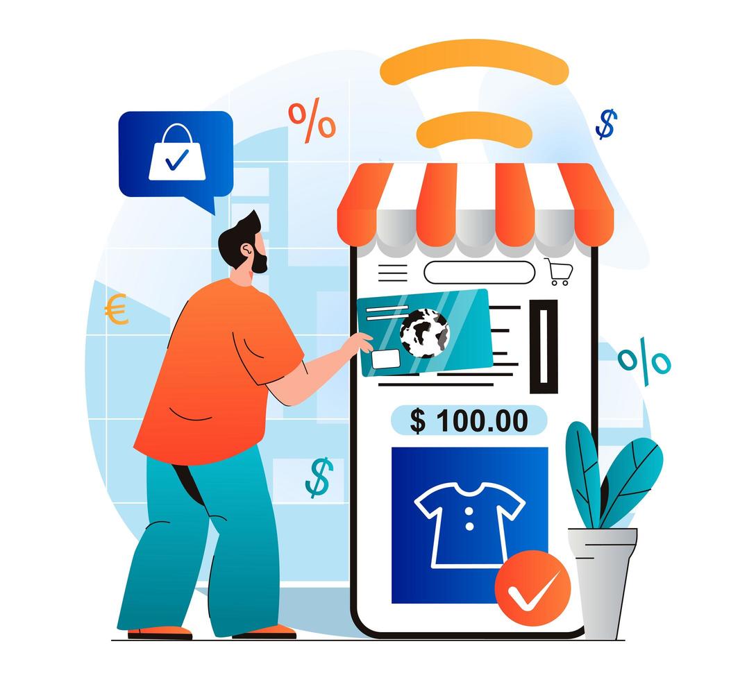 Online shopping concept in modern flat design. Man pays check for purchases in mobile application. Profitable purchasing and savings money for Internet users at store website. Vector illustration