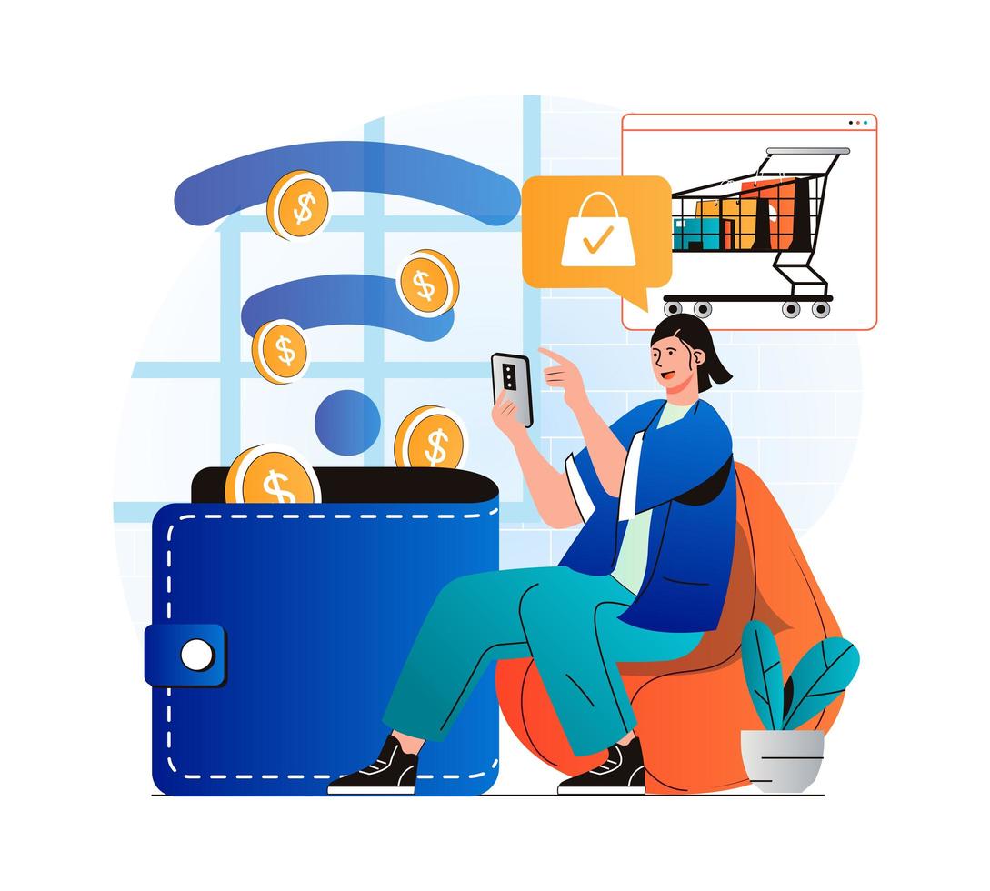 Online payment concept in modern flat design. Woman paying for purchases in mobile application and saving her money. Customer using contactless payment at smartphone in store. Vector illustration