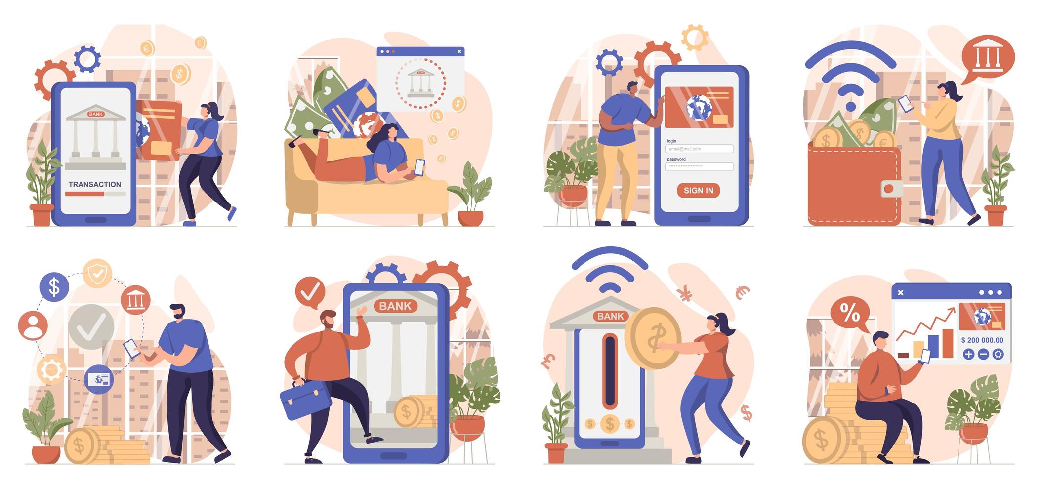 Mobile banking collection of scenes isolated. People pay, transactions and use bank services online, set in flat design. Vector illustration for blogging, website, mobile app, promotional materials.