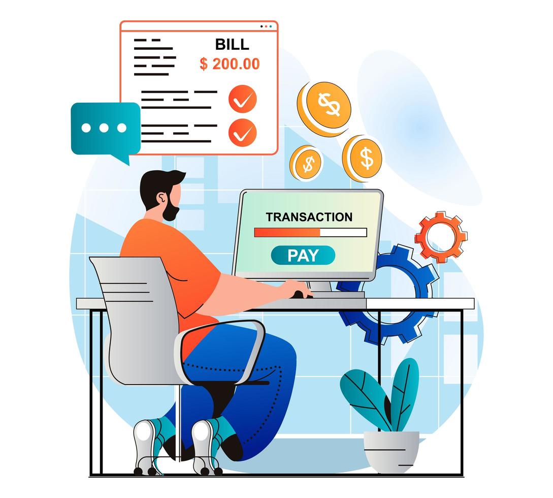 Online payment concept in modern flat design. Man conducts online financial transaction with computer at home. Customer paying bill with credit card at website of banking. Vector illustration