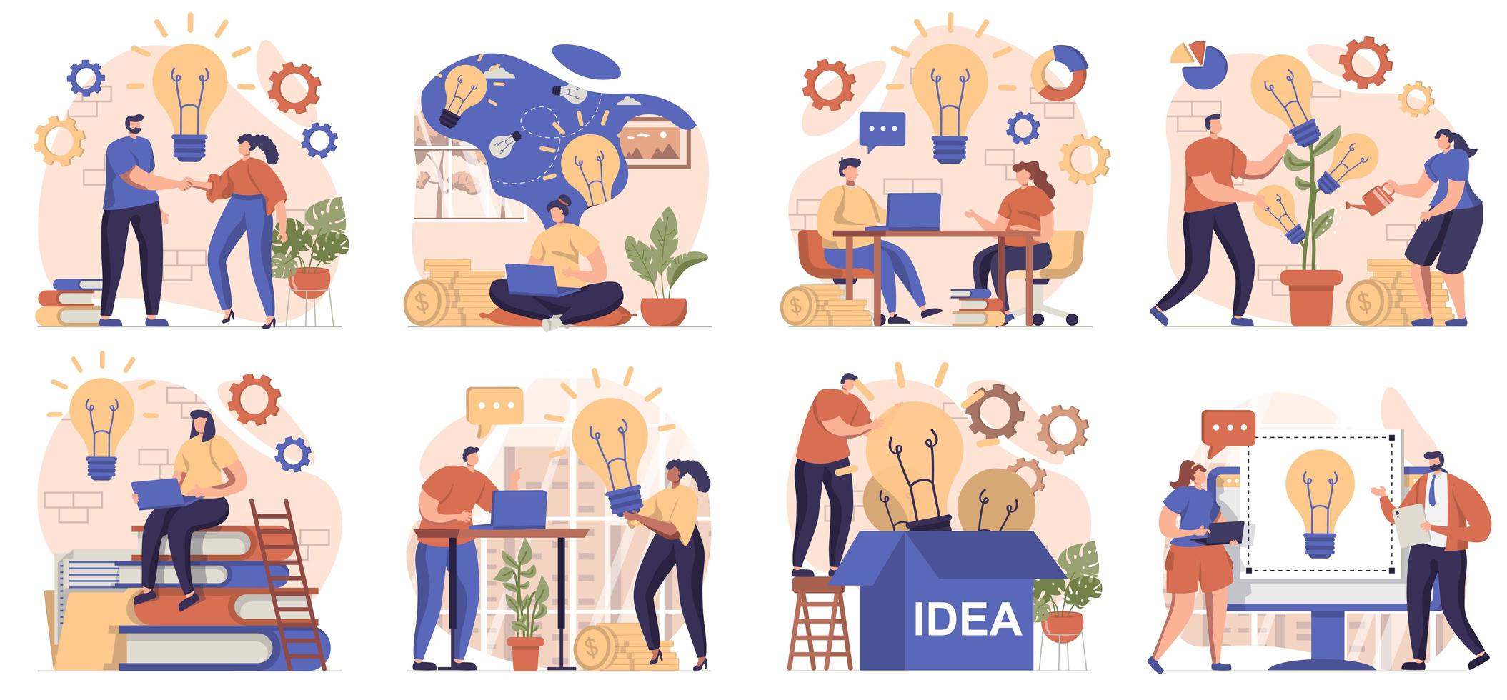 colección de ideas de negocio de escenas aisladas. personas intercambiando ideas, generando ideas e innovaciones, ambientadas en diseño plano. ilustración vectorial para blogs, sitios web, aplicaciones móviles, materiales promocionales. vector