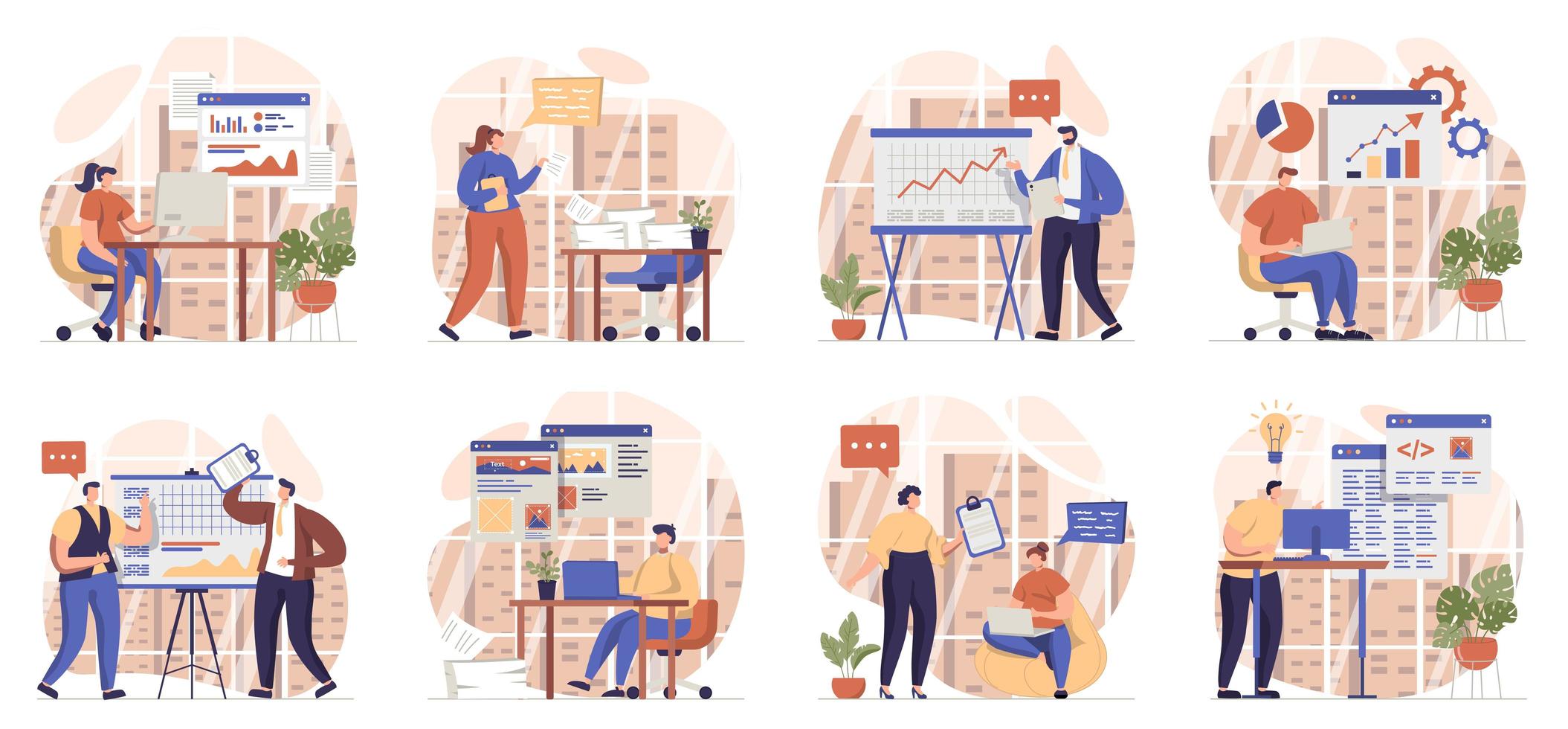 Office work collection of scenes isolated. People make presentations, brainstorming, complete tasks, set in flat design. Vector illustration for blogging, website, mobile app, promotional materials.