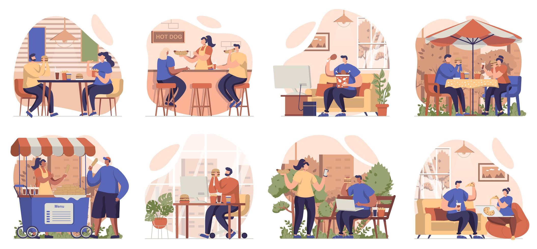 People eating fast food collection of scenes isolated. Customers at street cafes and restaurants, set in flat design. Vector illustration for blogging, website, mobile app, promotional materials.