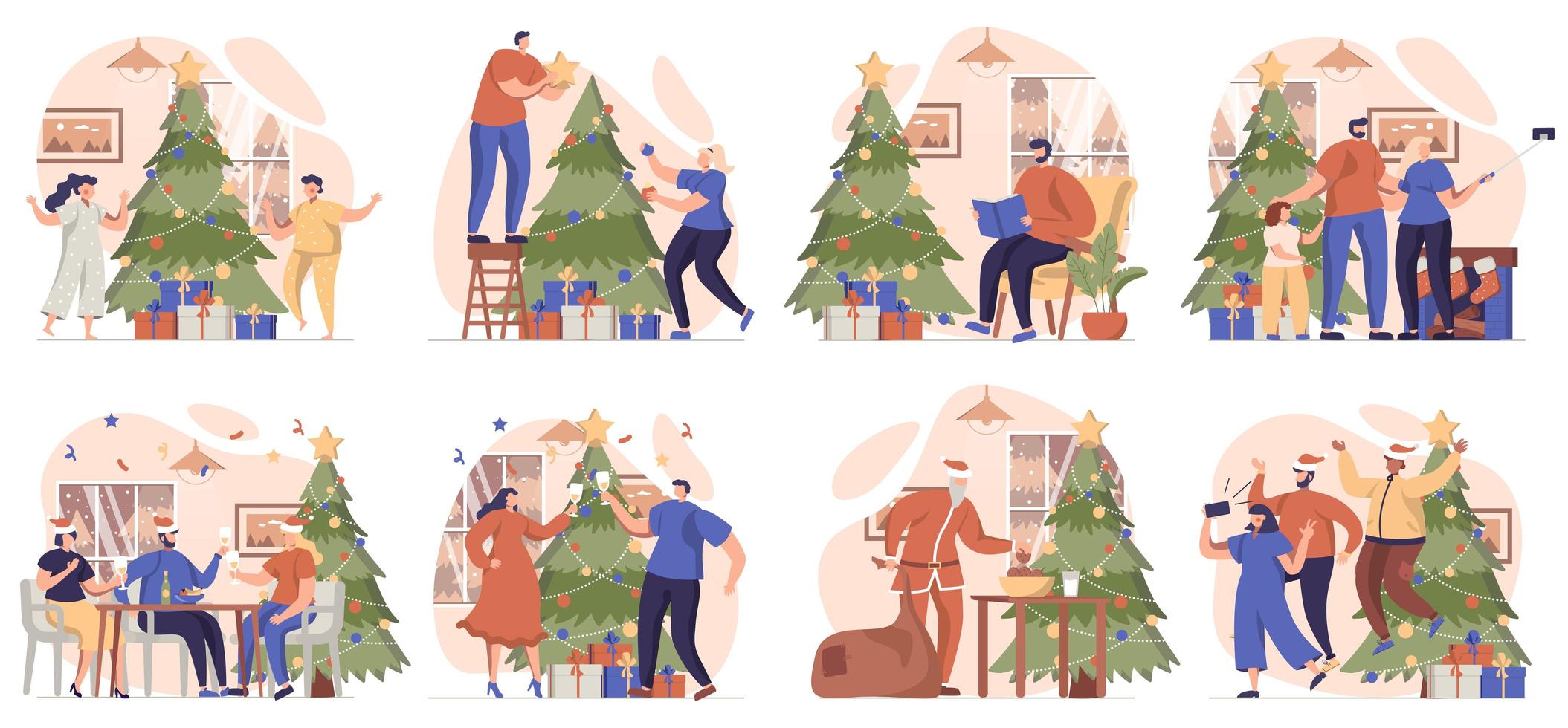 colección navideña de escenas aisladas. las personas hacen muñecos de nieve, dan regalos y celebran las vacaciones en casa, ambientadas en un diseño plano. ilustración vectorial para blogs, sitios web, aplicaciones móviles, materiales promocionales vector